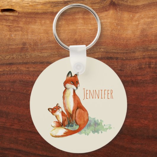 Momma Fox en Baby Illustratie Waterverf Sleutelhanger (Achterkant)