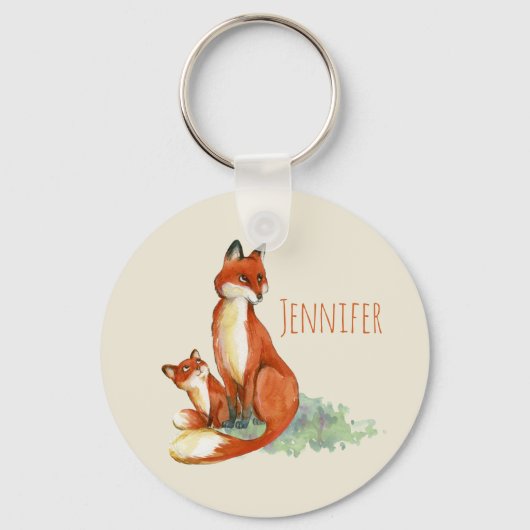 Momma Fox en Baby Illustratie Waterverf Sleutelhanger (Achterkant)