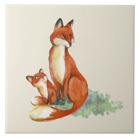Momma Fox en Baby Illustratie Waterverf Tegeltje (Voorkant)