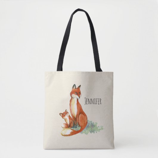 Momma Fox en Baby Illustratie Waterverf Tote Bag (Voorkant)