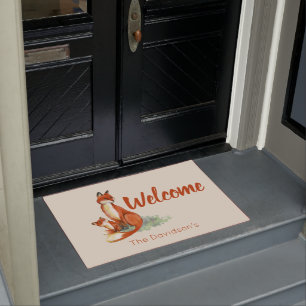 Momma Fox en Baby Waterverf Illustratie Welkom Deurmat