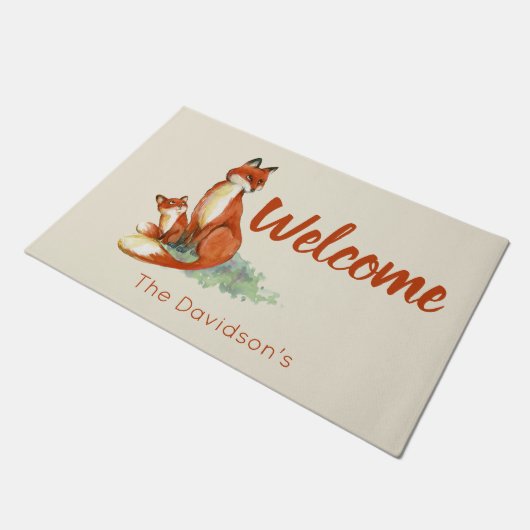 Momma Fox en Baby Waterverf Illustratie Welkom Deurmat (Schuin)