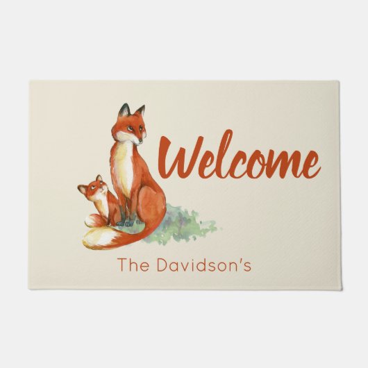 Momma Fox en Baby Waterverf Illustratie Welkom Deurmat (Voorkant)