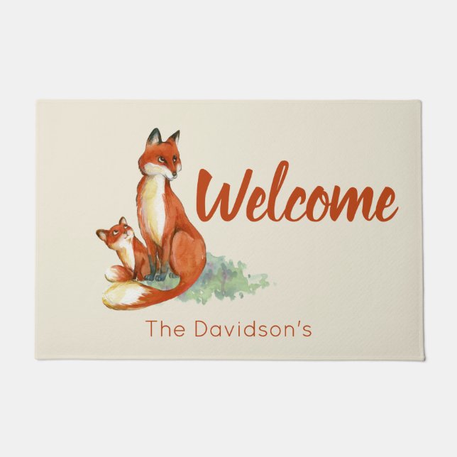 Momma Fox en Baby Waterverf Illustratie Welkom Deurmat (Voorkant)