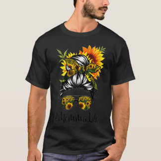Momma Life Messy Hair Bun Sunflower Vrouwen Moeder T-shirt