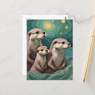 Momma Poppa en Baby Otter in de oceaan Briefkaart