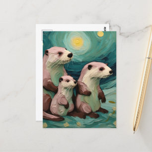 Momma Poppa en Baby Otter in de oceaan Briefkaart