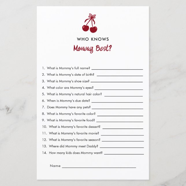 Mommy Knows Best Baby Shower Game Cherry Bow Red (Voorkant)