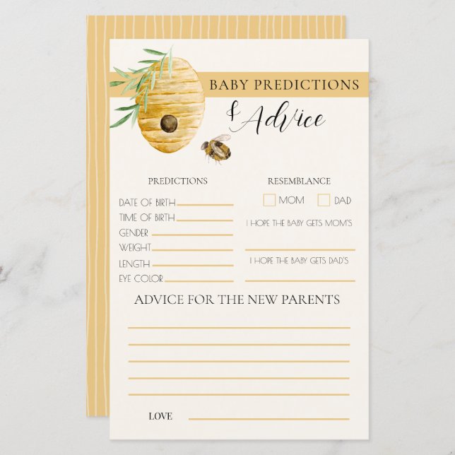 Mommy To Bee Yellow Baby Shower Prediction Game (Voorkant / Achterkant)