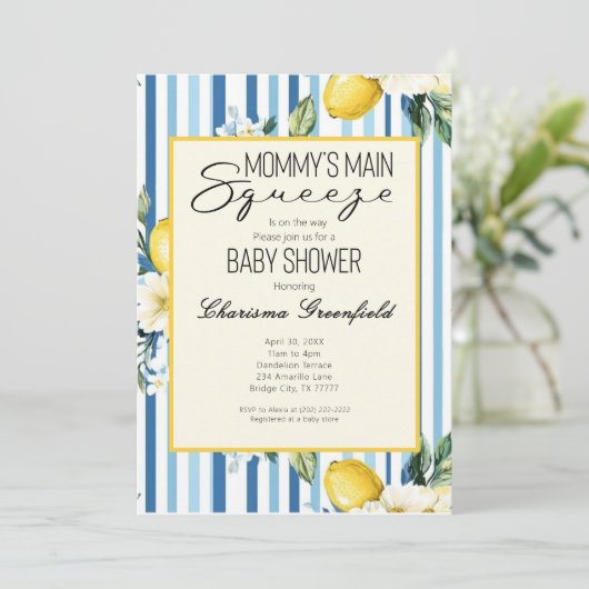  Mommy's Main Squeeze Lemon Blue Boy Baby Shower Kaart (Staand voorkant)