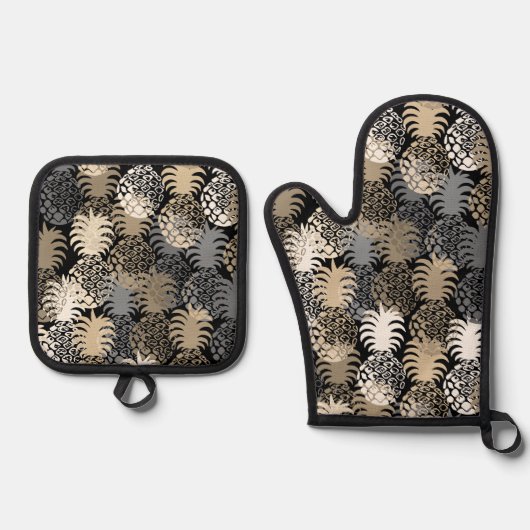 Momona Hawaiian Tropical Pineapple Black Taupe Ovenwant & Pannenlap Set (Voorkant)