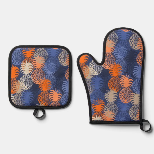 Momona Hawaiian Tropical Pineapple Blue Sinaasappe Ovenwant & Pannenlap Set (Voorkant)