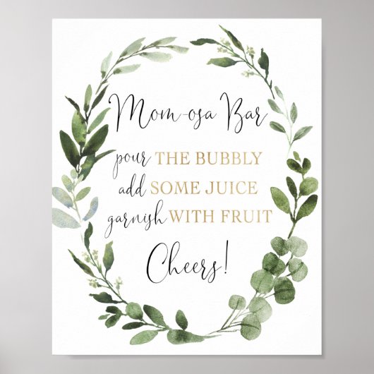 Momosa bar mimosa greenery gold baby shower sign poster (Voorkant)