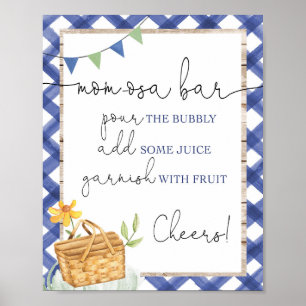 Momosa staaft blauw wit gingham picnic baby shower poster