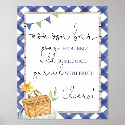 Momosa staaft blauw wit gingham picnic baby shower poster (Voorkant)