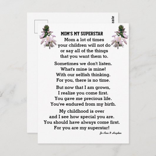 MOM'S BRIEFKAART VAN MIJN SUPERSTAR (Voorkant / Achterkant)