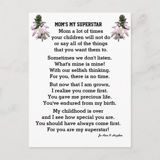 MOM'S BRIEFKAART VAN MIJN SUPERSTAR (Voorkant)