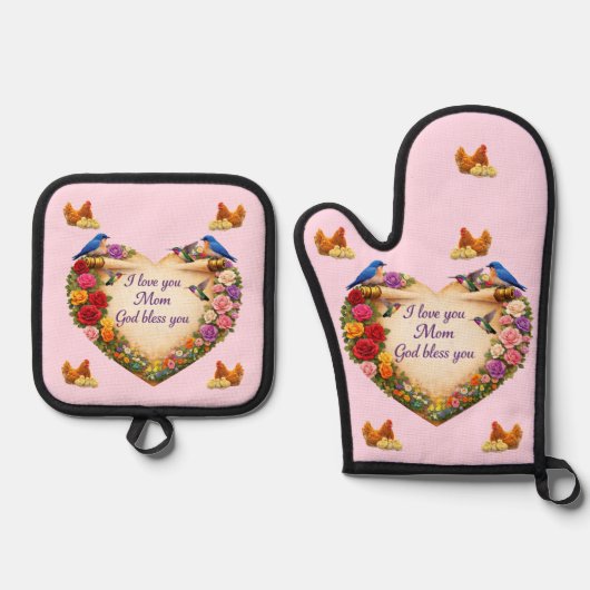 Mom's Heart & Chicken Oven Mitt & Pot Holder Set  (Voorkant)