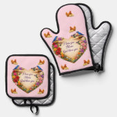 Mom's Heart & Chicken Oven Mitt & Pot Holder Set  (Voorkant / Achterkant)