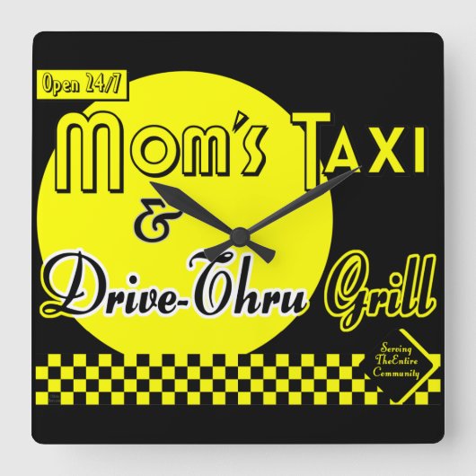 Moms Taxi en drive-thru Grill Retro Kitchen Clock Vierkante Klok (Voorkant)