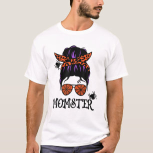 Momster Messy Bun met Oranje spinnen - Halloween T-shirt
