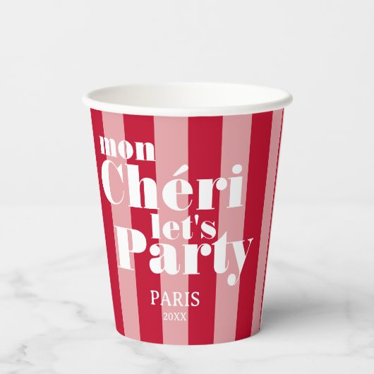 Mon Cherie Let's Party Cherry Red Bold Stripe Papieren Bekers (Achterkant)