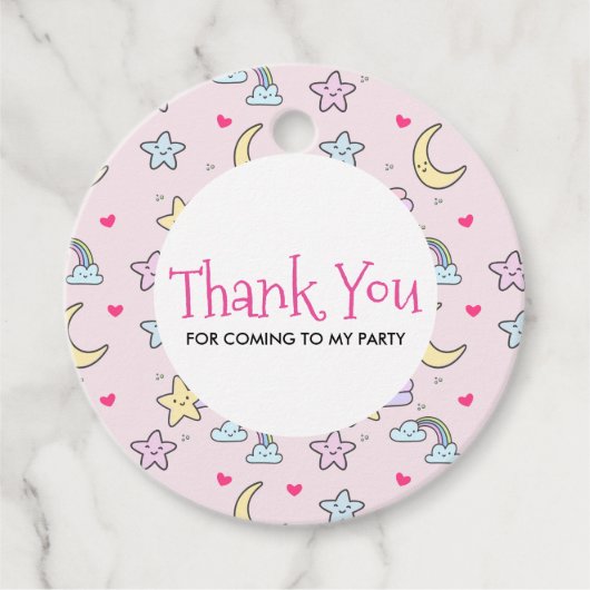 Mon, sterren en wolken Patroon op Pastel Roze Bedankjes Labels (Voorkant)