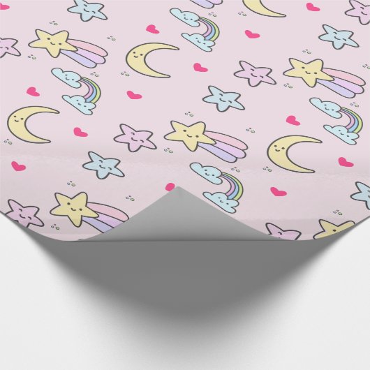 Mon, sterren en wolken Patroon op Pastel Roze Cadeaupapier (Hoek)