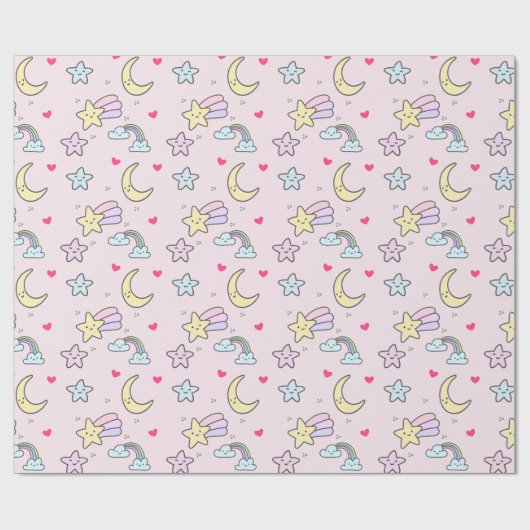 Mon, sterren en wolken Patroon op Pastel Roze Cadeaupapier (Vlak)