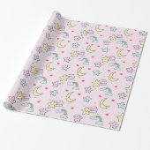 Mon, sterren en wolken Patroon op Pastel Roze Cadeaupapier (Uitgerold)