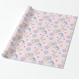 Mon, sterren en wolken Patroon op Pastel Roze Cadeaupapier