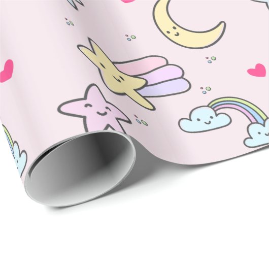 Mon, sterren en wolken Patroon op Pastel Roze Cadeaupapier (Rol Hoek)