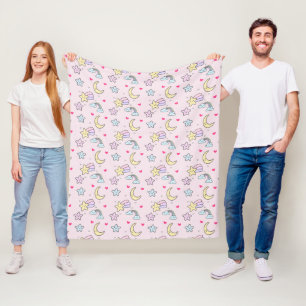 Mon, sterren en wolken Patroon op Pastel Roze Fleece Deken