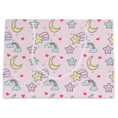 Mon, sterren en wolken Patroon op Pastel Roze Groot Cadeauzakje (Voorkant)