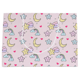 Mon, sterren en wolken Patroon op Pastel Roze Groot Cadeauzakje