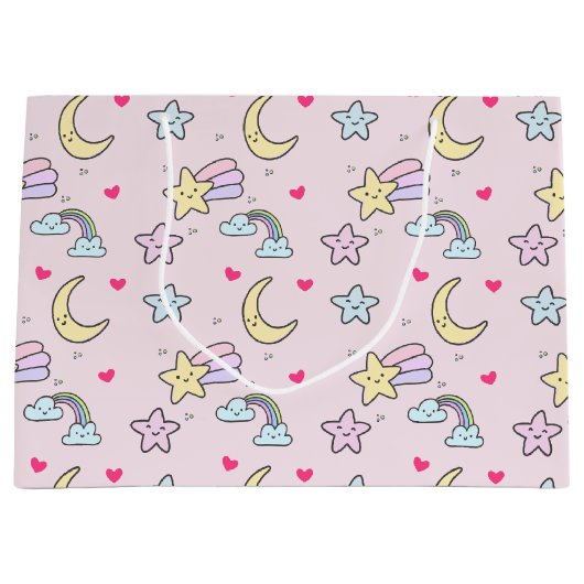 Mon, sterren en wolken Patroon op Pastel Roze Groot Cadeauzakje (Voorkant)