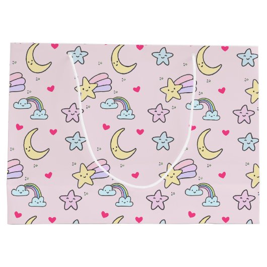 Mon, sterren en wolken Patroon op Pastel Roze Groot Cadeauzakje (Achterkant)