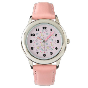 Mon, sterren en wolken Patroon op Pastel Roze Horloge