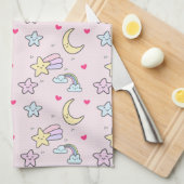 Mon, sterren en wolken Patroon op Pastel Roze Theedoek (Quarter Fold)