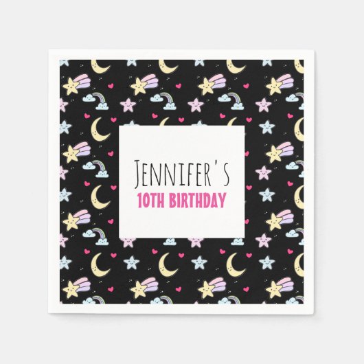 Mon, sterren en wolken Patroon op Zwarte Dag Servet (Voorkant)