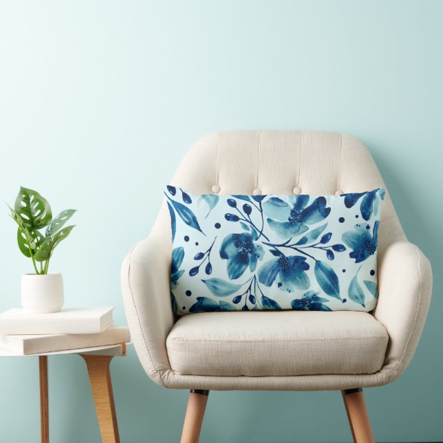 Mona Blues Modern Waterverf Floral omkeerbaar Kussen (Stoel)