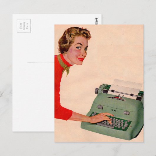 Mona en haar nieuwe schrijfmachine briefkaart (Voorkant / Achterkant)