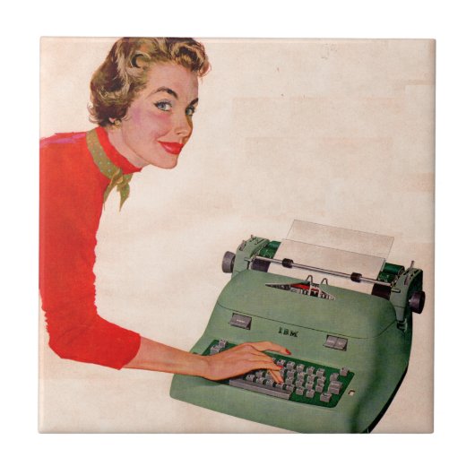 Mona en haar nieuwe schrijfmachine tegeltje (Voorkant)