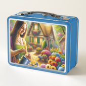 Mona geeft water voor bloemen planten (Achterkant)