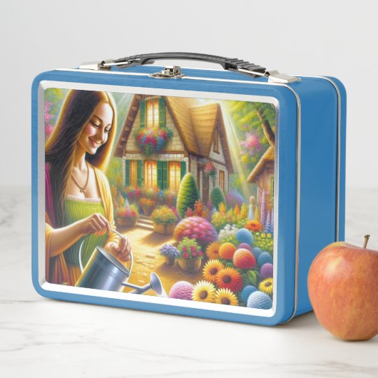 Mona geeft water voor bloemen planten (In situ)