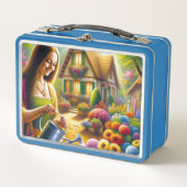 Mona geeft water voor bloemen planten (Voorkant)