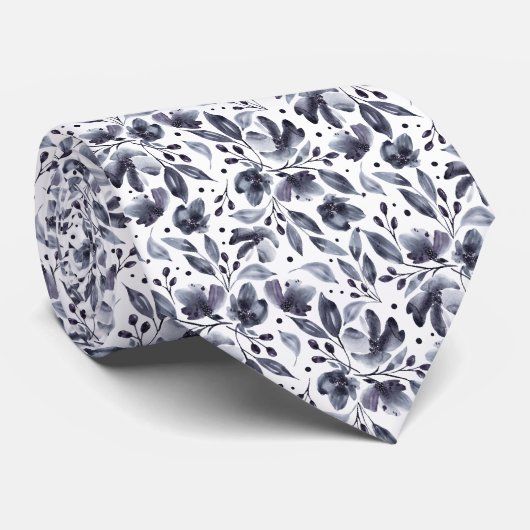 Mona Grey and White Modern Floral Designer Stropdas (Opgerold)