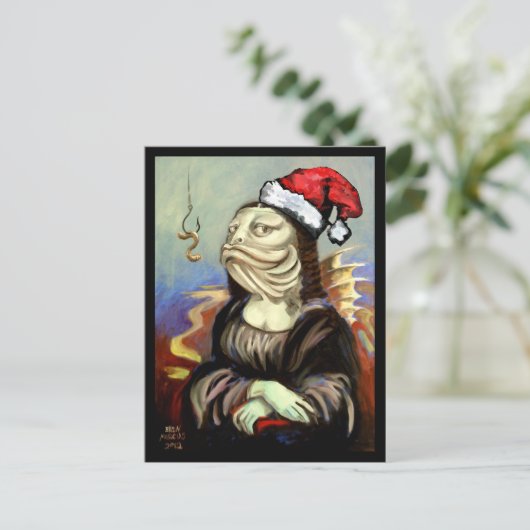 Mona Lisa als een vis in een Santa Hat Feestdagenkaart (Staand voorkant)