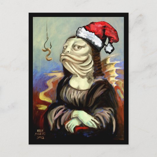 Mona Lisa als een vis in een Santa Hat Feestdagenkaart (Voorkant)