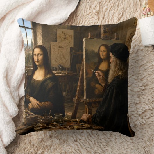 Mona Lisa bezoekt Leonardo Da Vinci's Studio No 2 Kussen (Deken)